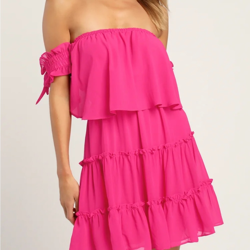 Lulus Tiers to My Heart Hot Pink Off-the-Shoulder Ruffled Mini Dress